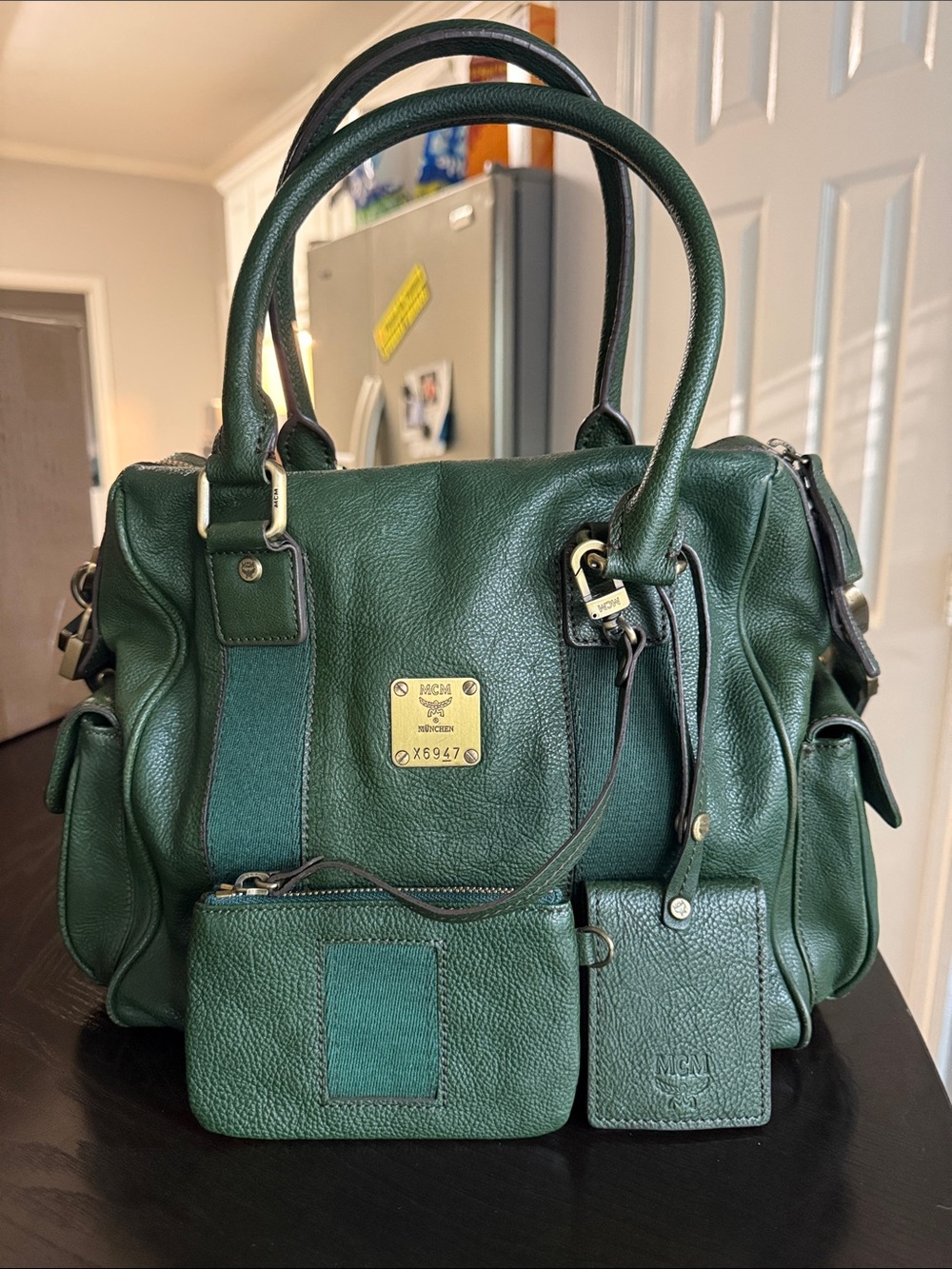 MCM Dark Green Leather Satchel with Removable Canvas Strap - Picture 3 of 16